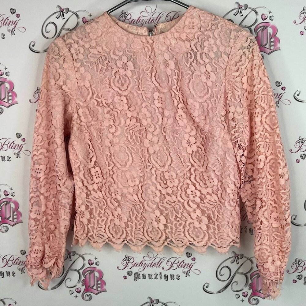Long sleeve lace top zip up back luxe light baby peach Pink Lace Women's Top